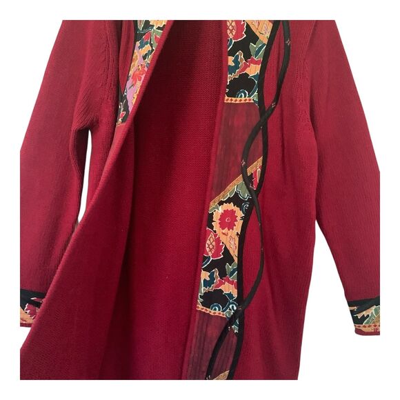 Koos of Course Cardigan Medium Silk Blend  Red Appliqued Mandarin Collar Artsy - Picture 3 of 14